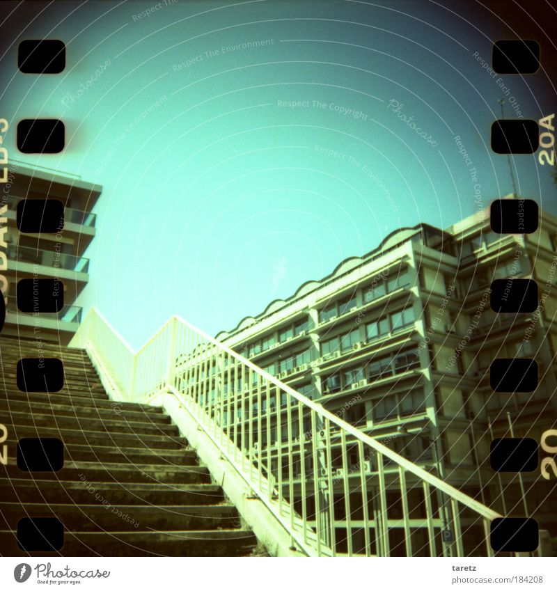 half staircase Lisbon Capital city Deserted House (Residential Structure) High-rise Stairs Facade Balcony Banister Stone Metal Bright Cloudless sky Summer Calm