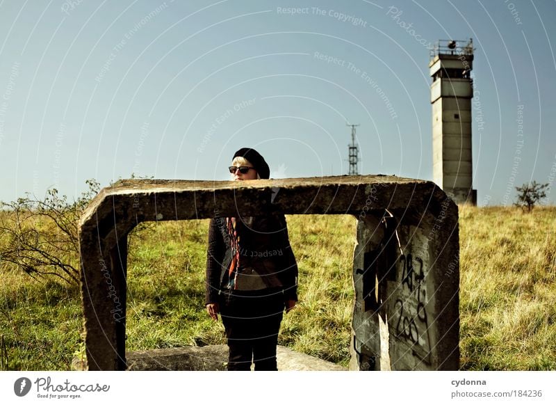 Uffpass! Colour photo Exterior shot Copy Space top Day Light Shadow Contrast Sunlight Shallow depth of field Central perspective Front view Looking away Woman