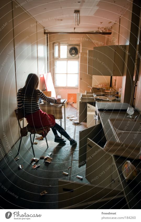 kitchenstories Colour photo Subdued colour Interior shot Day Sunlight Back-light Full-length Rear view Forward Human being Feminine Young woman