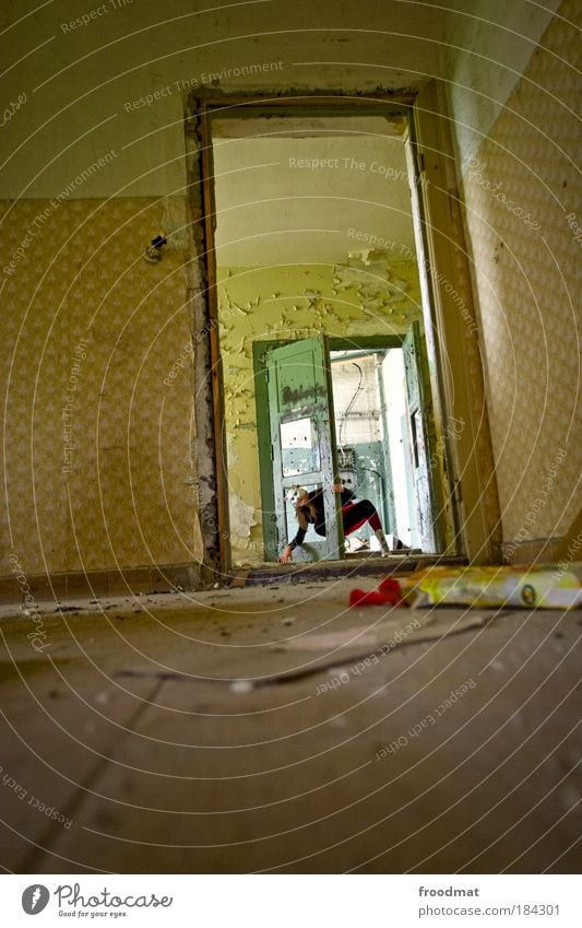 Between the door. Colour photo Subdued colour Interior shot Light Wide angle Full-length Front view Looking into the camera Human being Woman Adults Animal Pet