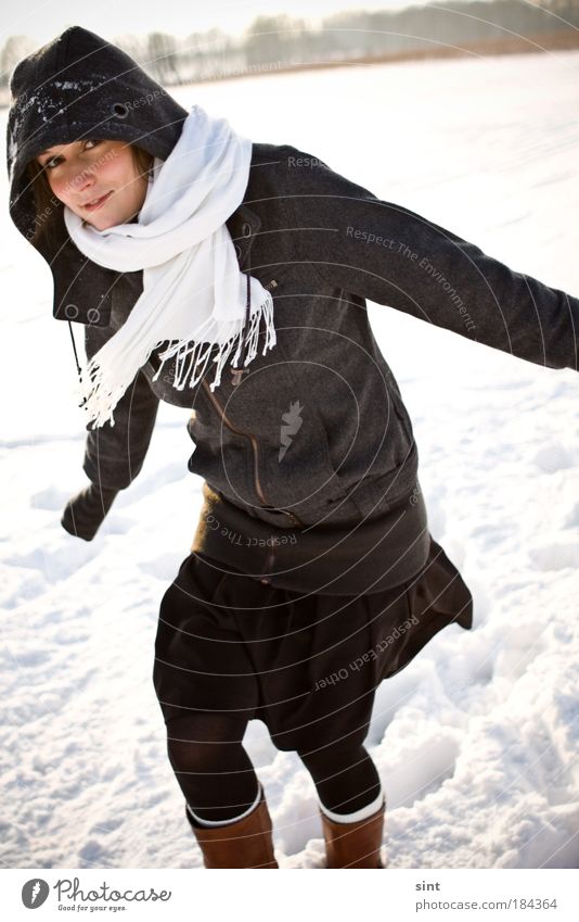 it's getting cold Colour photo Exterior shot Day Shallow depth of field Portrait photograph Looking into the camera Winter Snow Winter vacation Human being