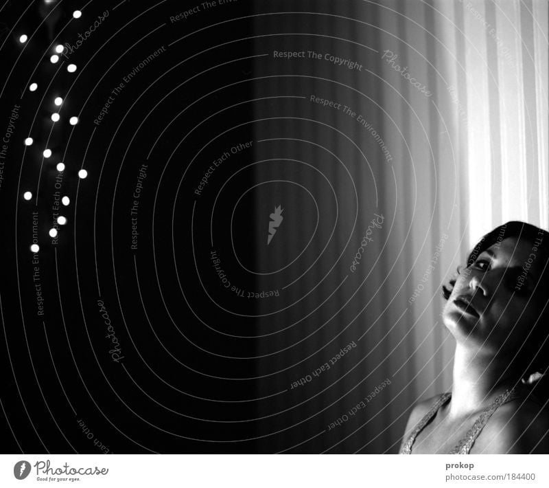 shooting star Black & white photo Interior shot Artificial light Central perspective Portrait photograph Looking into the camera Night life Feminine Young woman