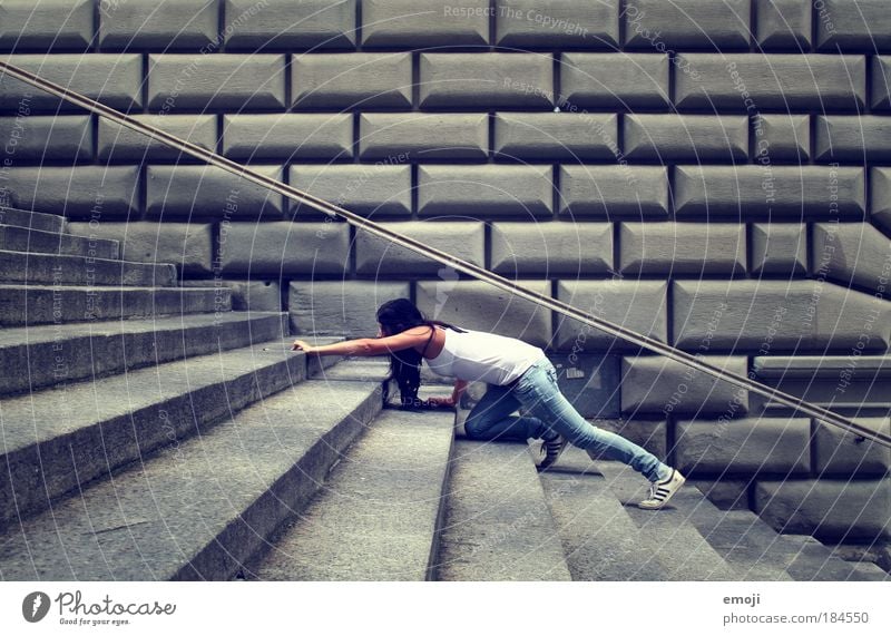 fear of stairs Colour photo Exterior shot Full-length Profile Forward Closed eyes Feminine Young woman Youth (Young adults) 1 Human being 18 - 30 years Adults