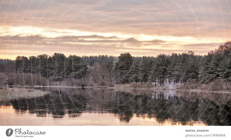 Cloudy autumn dawn. First snow on the autumn river. Vacation & Travel Tourism Trip Adventure Winter Snow Environment Nature Landscape Plant Water Sky Clouds