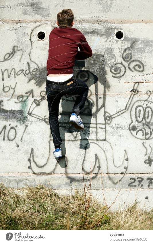 Going up the walls Colour photo Exterior shot Detail Day Light Shadow Contrast Sunlight Central perspective Full-length Rear view Style Man Adults 18 - 30 years