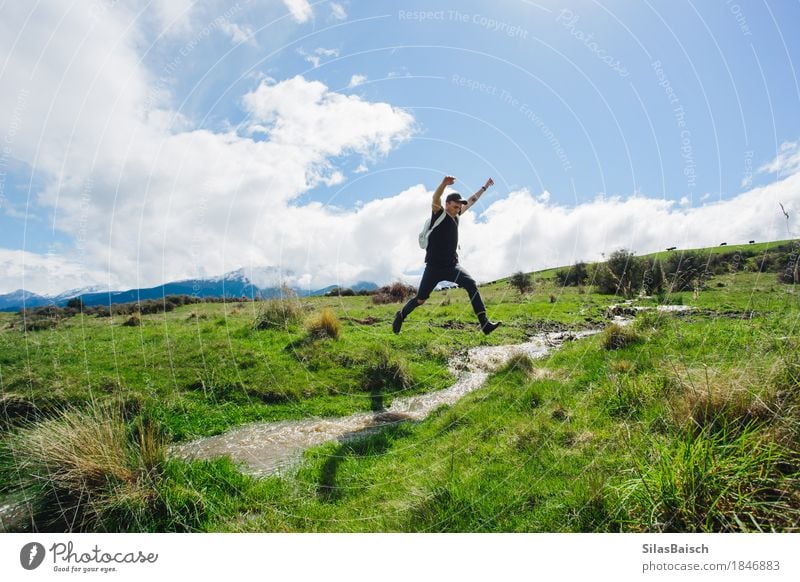 Jumping Over Streams Joy Happy Vacation & Travel Adventure Far-off places Freedom Expedition Camping Summer vacation Hiking Young man Youth (Young adults)