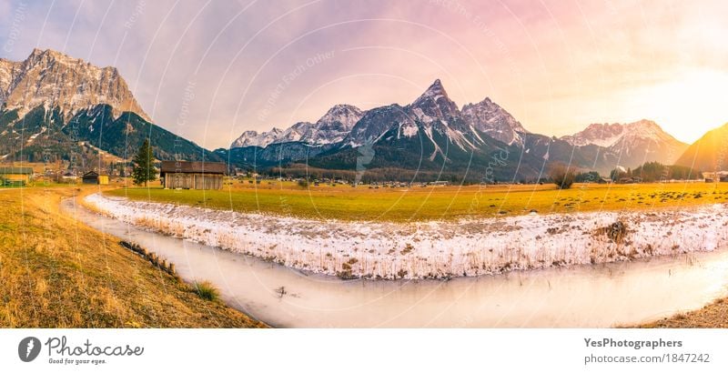 Alpine winter panorama in the afternoon Vacation & Travel Tourism Winter Snow Winter vacation Mountain Nature Landscape Meadow Field Alps Peak River Village