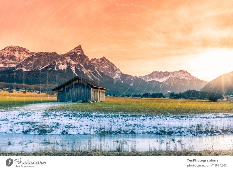 Wooden barn and alpine snowy scenery Vacation & Travel Tourism Winter Snow Winter vacation Mountain Nature Landscape Spring Alps Peak Snowcapped peak River