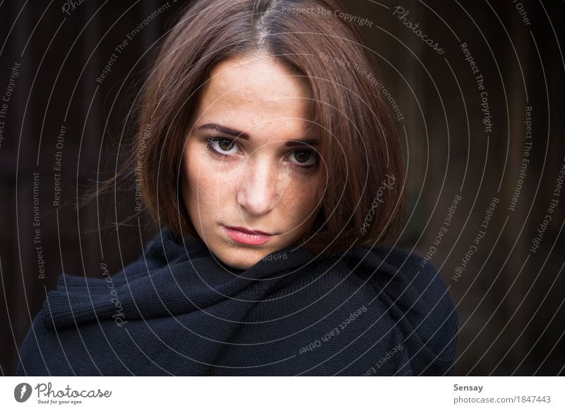 young Girl in depression on dark background Beautiful Face Child Human being Woman Adults Youth (Young adults) Hair Sadness Dark Long Cute Black White Emotions