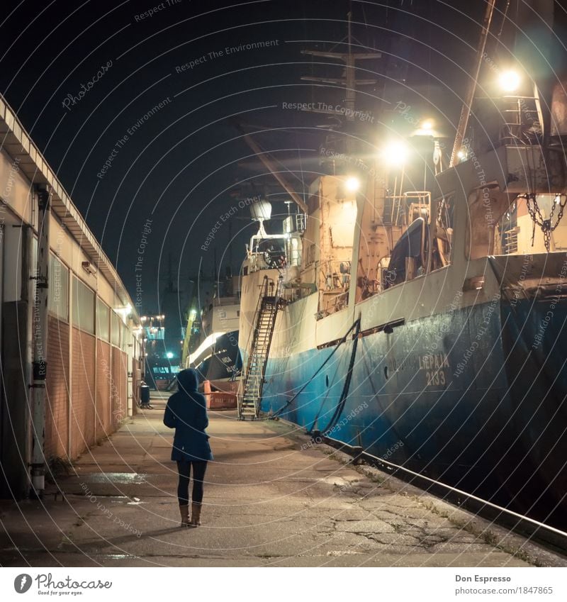 fishing port Industry Young woman Youth (Young adults) 1 Human being Bremerhaven Navigation Watercraft Harbour Observe Wait Cold Longing Wanderlust Fishing port