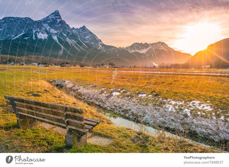 Wooden bench on mountain valley Relaxation Meditation Vacation & Travel Tourism Winter Snow Winter vacation Mountain Nature Landscape Meadow Alps Peak