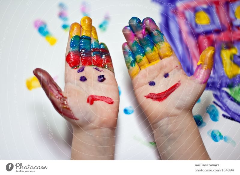 finger painting Colour photo Multicoloured Interior shot Close-up Detail Day Artificial light Flash photo Shallow depth of field Joy Leisure and hobbies Playing