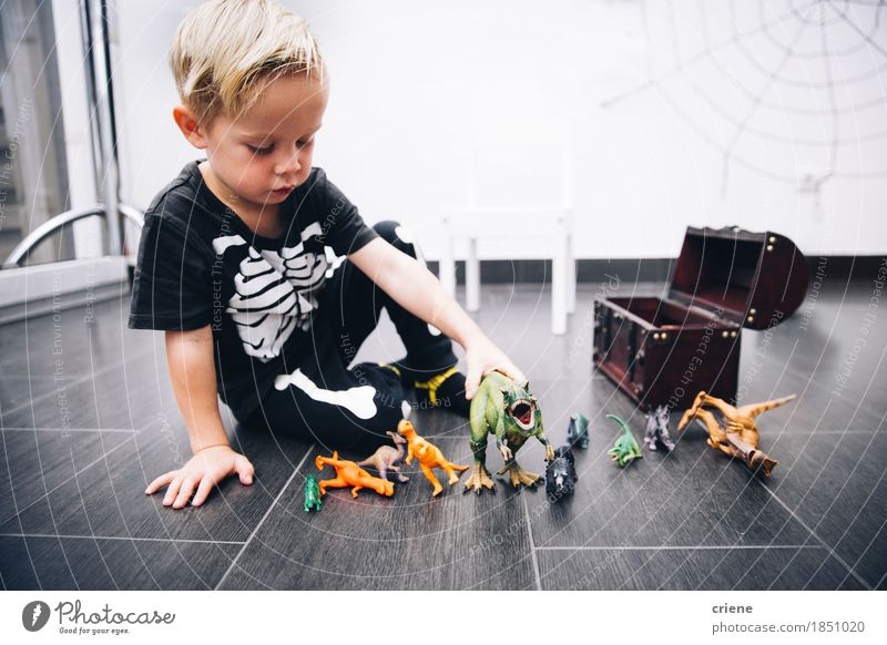 Little caucasian Boy playing with dinosaur toys at home Lifestyle Joy Playing Education Kindergarten Child Human being Toddler Boy (child) Infancy 1 1 - 3 years