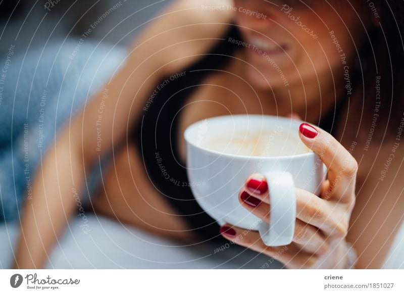 Close-up of women holding fresh cup of coffee in bed in morning Beverage Coffee Tea Lifestyle Joy Relaxation Living or residing Bedroom Human being Young woman