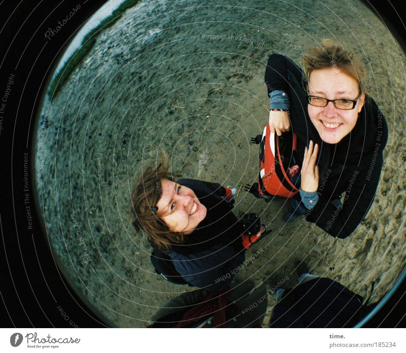 The two from the beach spot Lomography Woman Feminine Beach Coast Danga Ocean Water Crazy Hand Head Grinning Laughter Friendship Happiness Jacket Cold Autumn