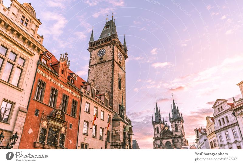 Prague clock tower Clock Sky Clouds Horizon Sunrise Sunset Town Capital city Dome Architecture Tourist Attraction Landmark Old Blue Cathedral cityscape