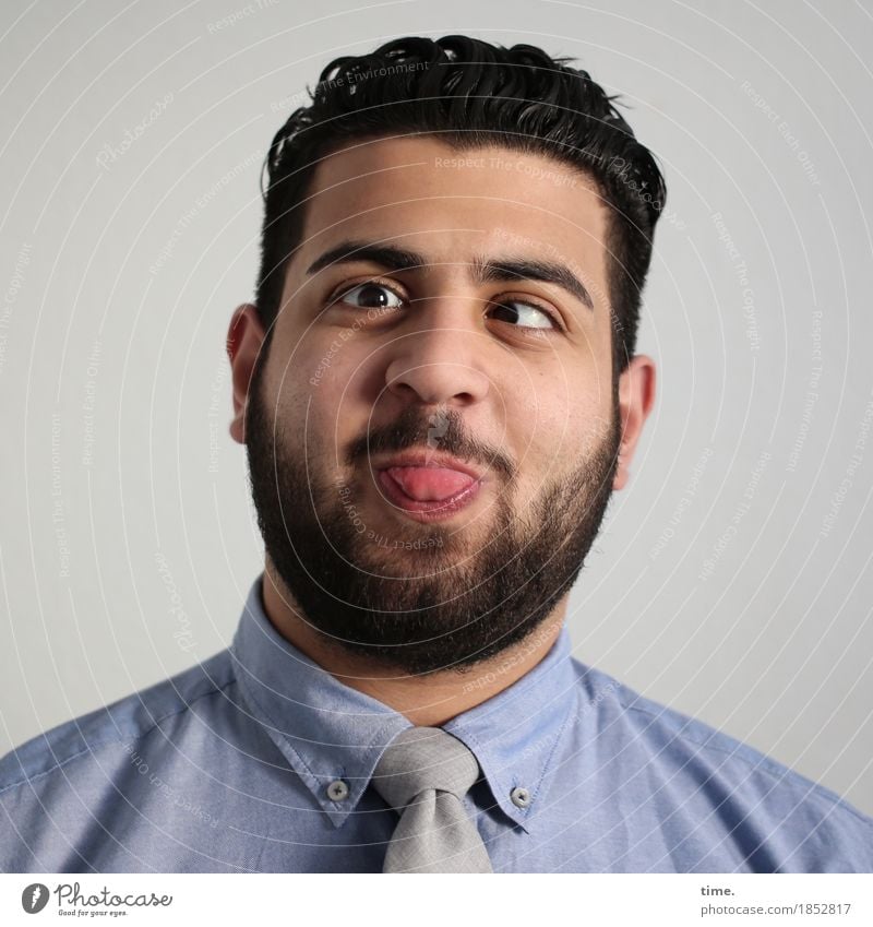 application photo Masculine 1 Human being Stage play Actor Clown Shirt Tie Black-haired Short-haired Beard Laughter Looking Friendliness Happiness Fresh Astute