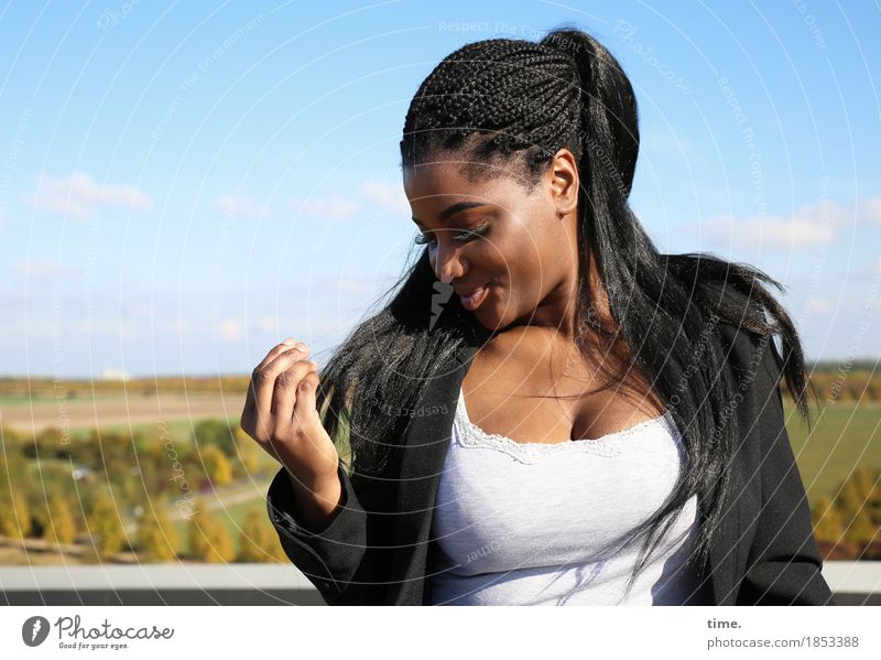 . Feminine Woman Adults 1 Human being Landscape Meadow T-shirt Jacket Black-haired Long-haired Braids Dreadlocks Afro Observe To hold on Smiling Looking Wait