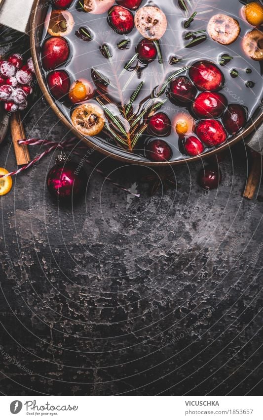 Mulled wine in saucepan on dark vintage background Food Fruit Herbs and spices Beverage Hot drink Crockery Pot Style Design Joy Feasts & Celebrations