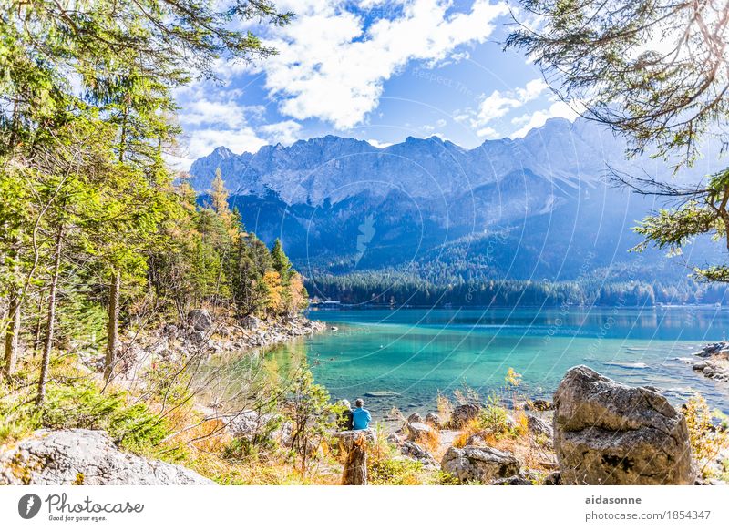 Eibsee Nature Landscape Beautiful weather Rock Alps Mountain Peak Lakeside Happy Contentment Spring fever Peaceful Eib Lake Grainau Bavaria Colour photo