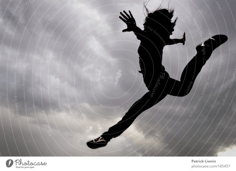 jump Feminine Woman Adults Body 1 Human being Jump Dance Moody Joy Happy Joie de vivre (Vitality) Enthusiasm Success Power Willpower Brave Attentive Clouds