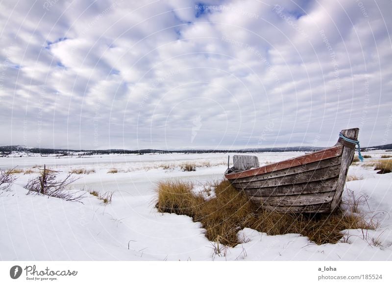 deep sleep 2.0 Landscape Sky Clouds Winter Ice Frost Snow Lakeside Navigation Fishing boat Wood Line Stripe Lie Authentic Simple Historic Cold Wet Natural