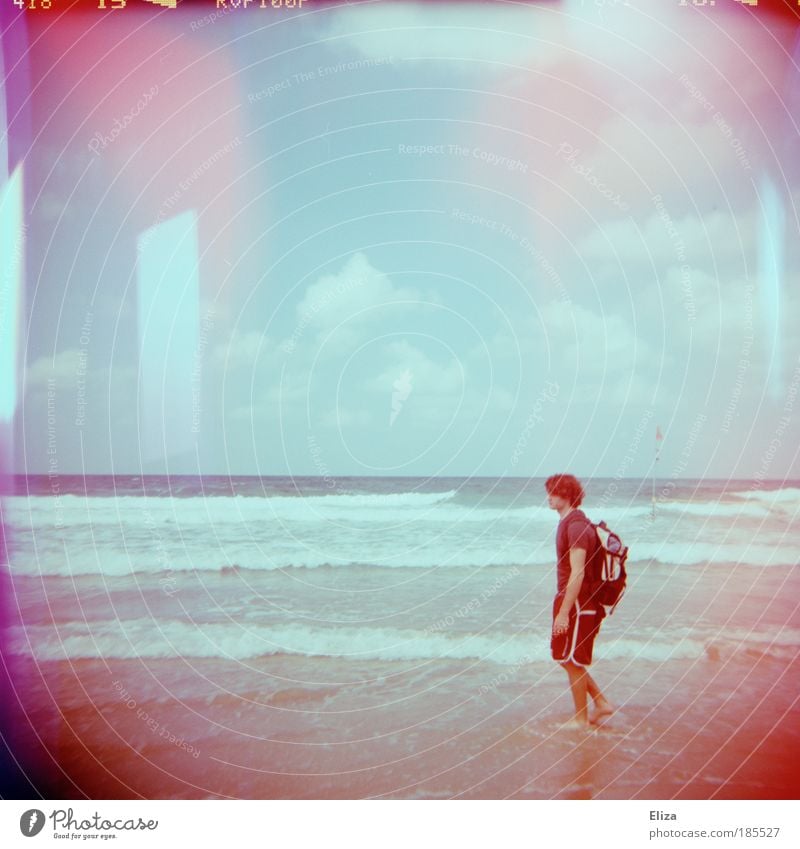 wave feeling Masculine Ocean Double exposure lightleak Clouds Vacation & Travel Shaft of light Patch Backpack To go for a walk Beach Barefoot Pink