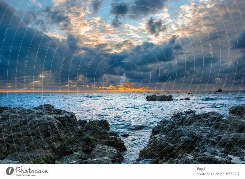 Sea landscape with bad weather, sunset and rocks Vacation & Travel Trip Adventure Summer Beach Ocean Waves Environment Nature Landscape Water Sky Clouds