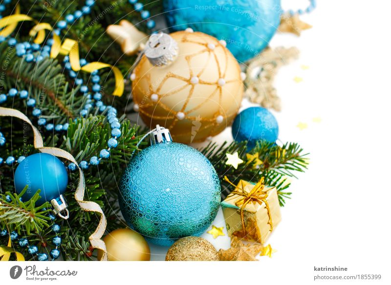 Turquoise and golden Christmas ornaments border Winter Decoration Christmas & Advent New Year's Eve Tree Ornament Sphere String Bright Blue Gold Green White