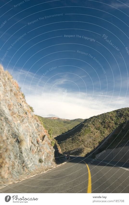 my way Transport Traffic infrastructure Motoring Street Highway Freedom Median strip Rock Landscape Mountain South Africa Colour photo Exterior shot Deserted