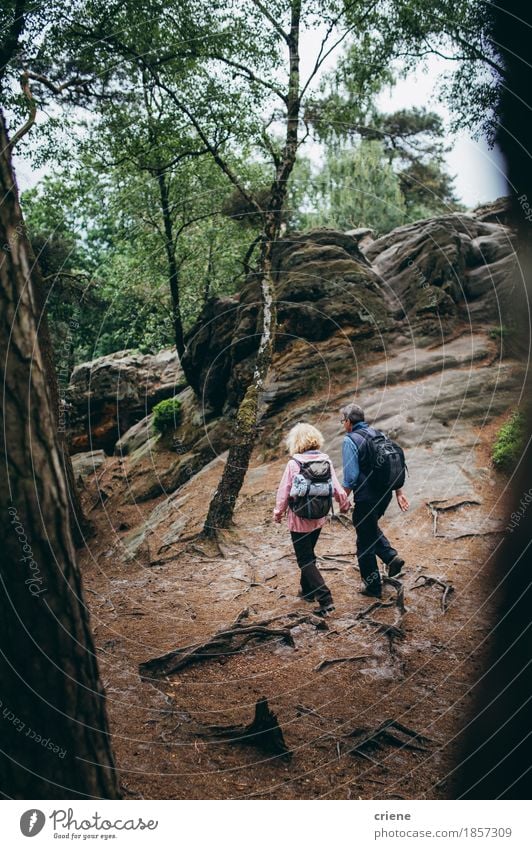 Senior Couple hiking trough forest on Holiday Lifestyle Joy Health care Relaxation Vacation & Travel Tourism Mountain Hiking Sports Retirement Senior citizen