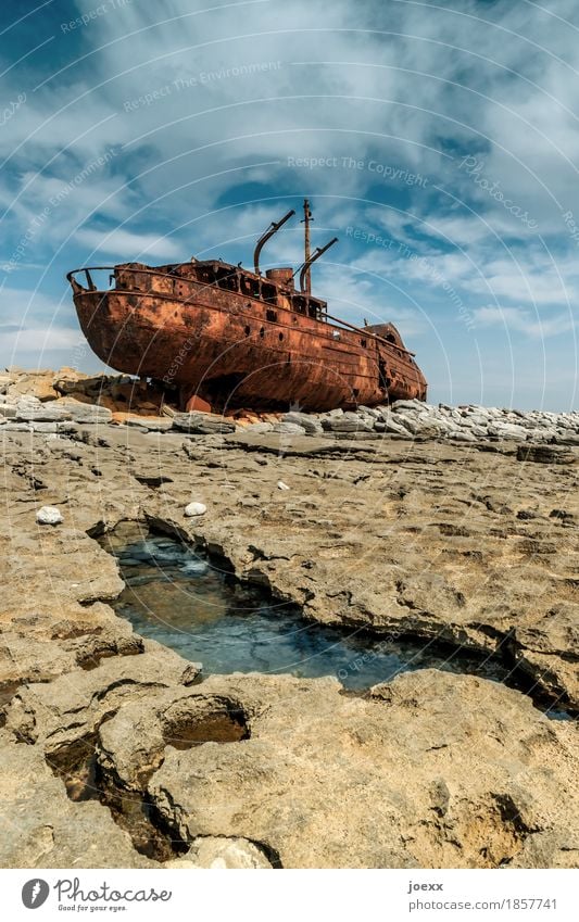 Too big Landscape Beautiful weather Rock Inisheer Wreck Old Broken Maritime Blue Brown White Decline Transience Change Destruction Plassey Rust Colour photo