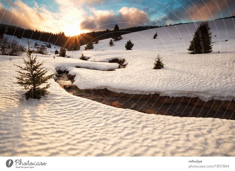 mountain river in winter at sunset Sun Winter Snow Mountain Nature Landscape Sky Clouds Weather Ice Frost Tree Meadow Hill Snowcapped peak River Blue water cold