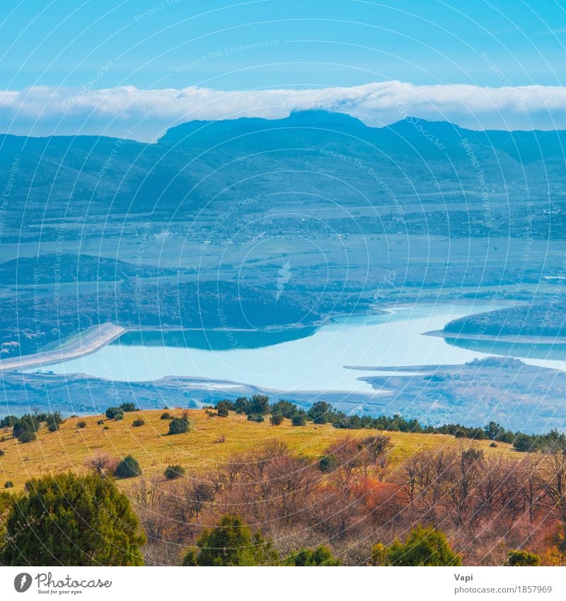 Blue mountains at sunset with lake Vacation & Travel Summer Mountain Environment Nature Landscape Water Sky Clouds Horizon Beautiful weather Tree Grass Meadow