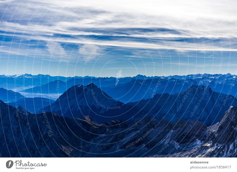 Blue Mountains Nature Landscape Rock Alps Peak Snowcapped peak Glacier Contentment Peaceful Attentive Caution Serene Calm Bavaria Zugspitze Colour photo