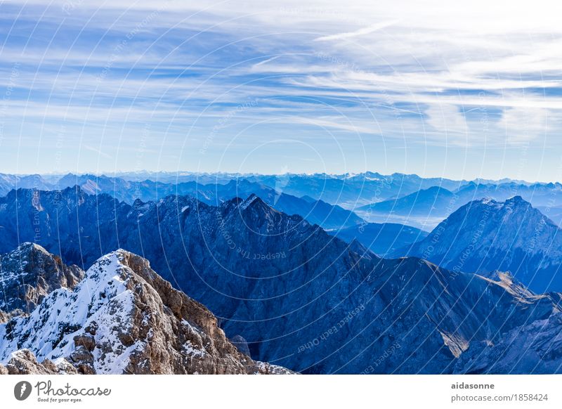 Alps Nature Landscape Sky Beautiful weather Rock Mountain Peak Snowcapped peak Contentment Calm Wanderlust Loneliness Zugspitze Colour photo Exterior shot