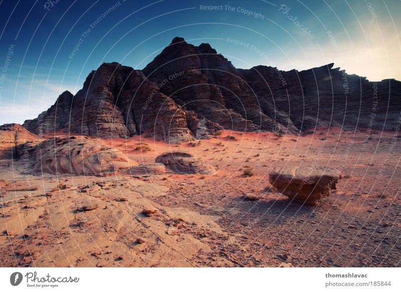 Wadi Rum desert Landscape Sand Sky Sunrise Sunset Rock Mountain Desert Red Colour photo Exterior shot Deserted Dawn Deep depth of field Central perspective Day