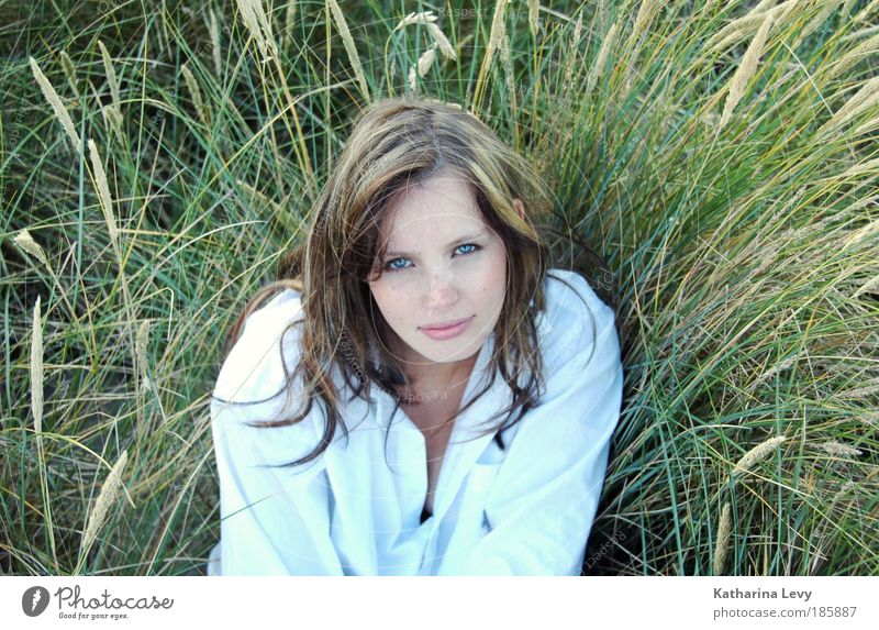 dune grass Feminine Young woman Youth (Young adults) 1 Human being 18 - 30 years Adults Nature Landscape Summer Wind Grass Meadow Coast Beach Ocean North Sea