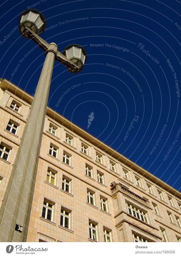 Stalinallee stalinallee Karl-Marx-Allee Lantern Building residential building sugar cake style Sky Blue Facade Tile Window Street lighting Pole