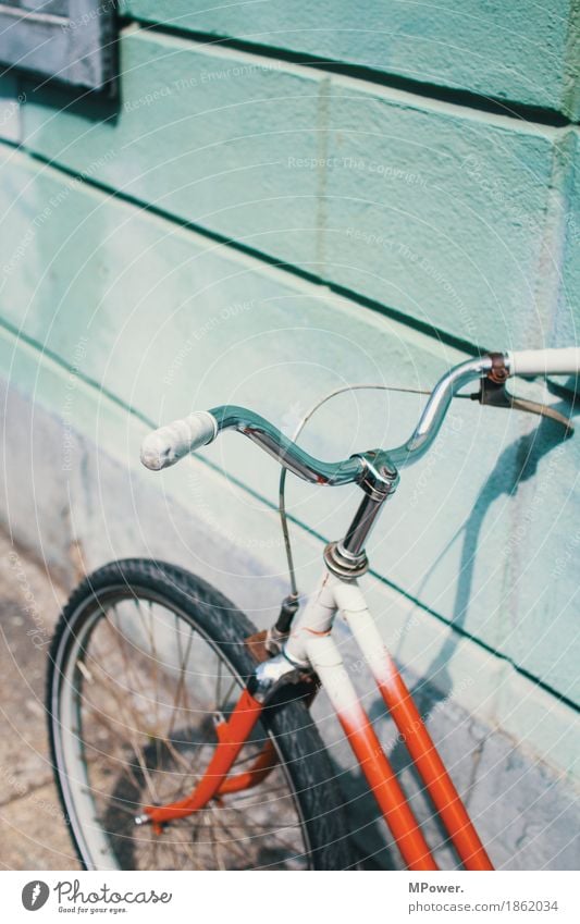 daily driver Transport Means of transport Cycling Old Handlebars Wall (building) Wall (barrier) Wheel Ladies' bicycle Vintage car Red Colour photo Exterior shot