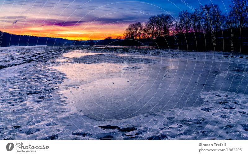 Sunset on the Sonau Tourism Far-off places Freedom Winter Snow Hiking Telephone Landscape Beautiful weather Ice Frost Tree Infinity Cold Blue Yellow Red Patient