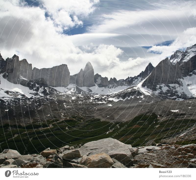 Patagonia03 Landscape Air Sky Clouds Summer Weather Rock Mountain Peak Snowcapped peak Sharp-edged Infinity Blue Gray Power Wanderlust Torres del Paine wide