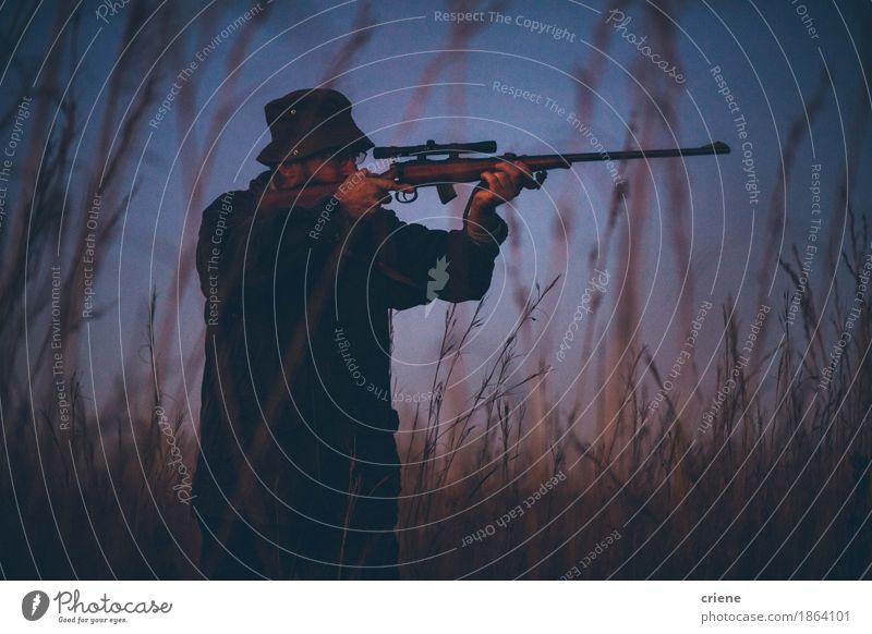 Hunter aiming prey on field with his rifle in sunrise Lifestyle Leisure and hobbies Hunting Sports Man Adults Male senior Senior citizen 45 - 60 years