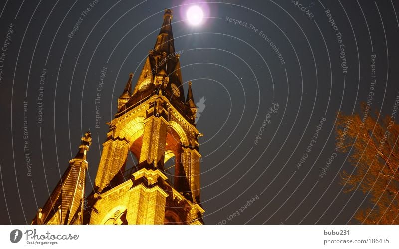 Enlightened Sky Night sky Stars Moon Aurora Borealis Dresden Church Tourist Attraction Stone Ornament Crucifix Observe Think Illuminate Old Esthetic Bright