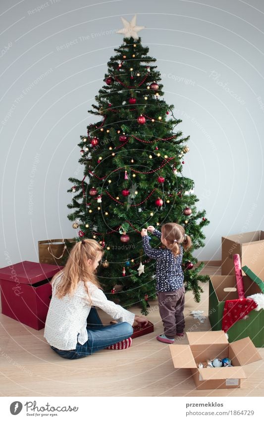 Young girl and her little sister decorating Christmas tree Lifestyle Joy Decoration Feasts & Celebrations Child Toddler Girl Sister Family & Relations 2