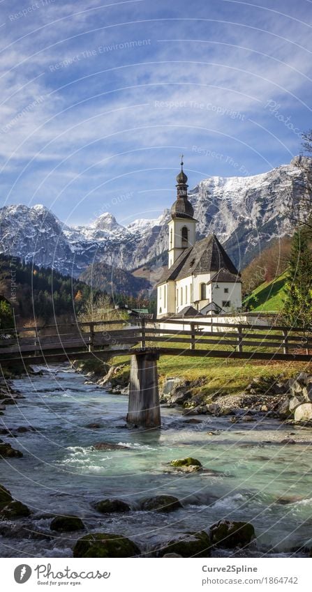 Church Ramsau (Berchtesgaden) Nature Water Sky Clouds Autumn Beautiful weather Ice Frost Snow Meadow Forest Hill Rock Alps Mountain Peak Snowcapped peak