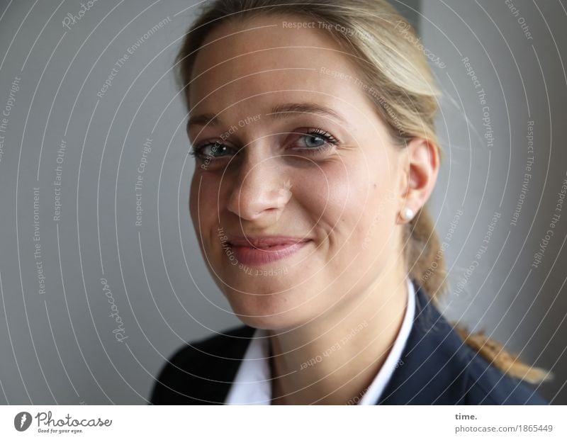 . Feminine 1 Human being Shirt Jacket Blonde Long-haired Braids Observe Think Smiling Looking Wait Friendliness Beautiful Contentment Joie de vivre (Vitality)