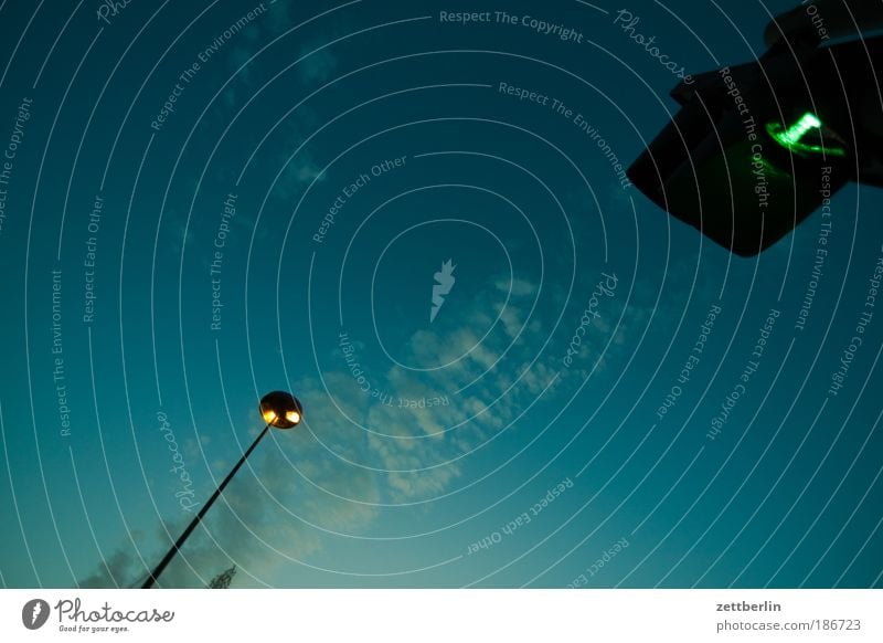 Lamp and traffic light Sky Clouds Evening Dusk Twilight Lantern Street lighting Lighting Awareness Bright Dark Traffic light Green Signal Rule Road sign