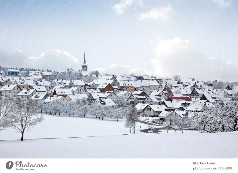 Village in the snow Winter Snow Nature Landscape Sky Ice Frost House (Residential Structure) Detached house Church Building Bright Peace Tree Clouds