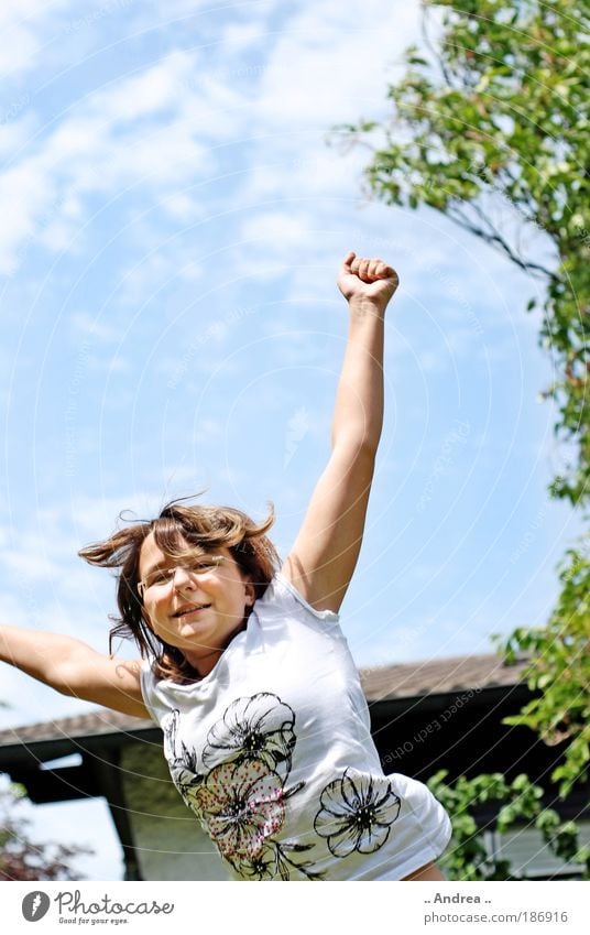 Up in the sky Leisure and hobbies Blue Joy Jump Hop Freedom Sky Sky blue Young woman Joie de vivre (Vitality) Happy Euphoria Positive Light heartedness